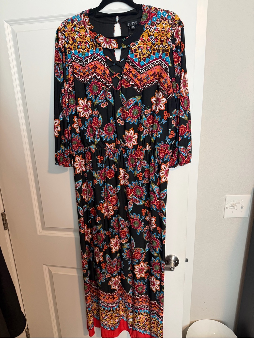 Enfocus Studio Black Maxi Dress with Red, Teal and Orange Floral Print